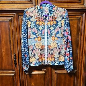 Johnny Was Embroidered  Floral & Leopard Animal Print Zip Bomber Jacket